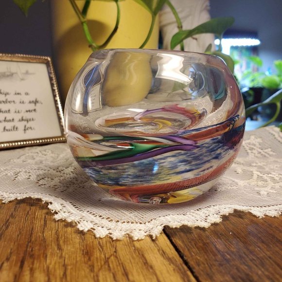 Art Glass Votive Holder Orb Paperweight 2007 Signed Lovely Color Swirls 3" Used - Picture 7 of 9